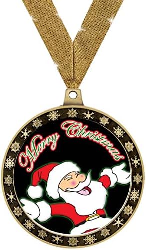 Santa Claus Winter Seasonal Award Medals with Gold Ribbons, 2.5' Gold Merry Christmas Winter Trophies Prime