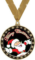 Santa Claus Winter Seasonal Award Medals with Gold Ribbons, 2.5' Gold Merry Christmas Winter Trophies Prime