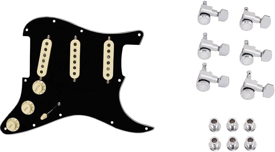 Fender Tex Mex Prewired Stratocaster Pickguard - 3-ply Black & Deluxe Locking Staggered Guitar Tuners, Chrome 1.7 x 10 x 4.5 inches