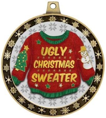 Ugly Christmas Sweater Winter Seasonal Award Medals with Gold Ribbons, 2.5' Gold Ugly Sweater Winter Trophies
