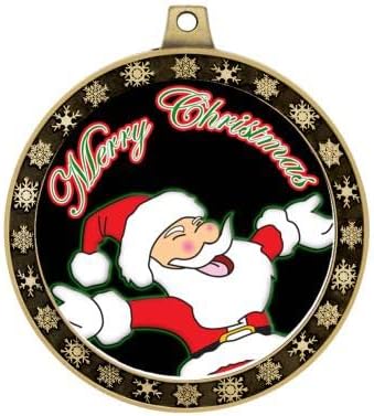 Santa Claus Winter Seasonal Award Medals with Gold Ribbons, 2.5' Gold Merry Christmas Winter Trophies Prime