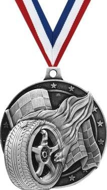 Crown Awards Racing Tire Medal - Silver Car Race Award Medals with Neck Ribbon