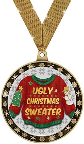 Ugly Christmas Sweater Winter Seasonal Award Medals with Gold Ribbons, 2.5' Gold Ugly Sweater Winter Trophies