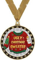 Crown Awards Ugly Christmas Sweater Winter Seasonal Award Medals with Gold Ribbons, 2.5' Gold Ugly Sweater Winter Trophies Prime