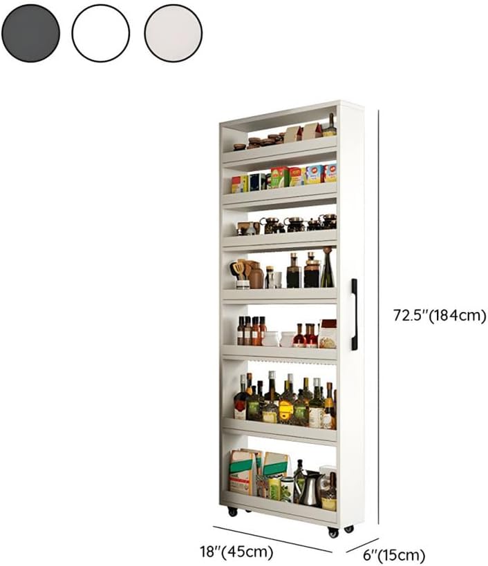 7 Tier Standing-Shelf with Wheels Wooden Narrow Buffet Server Storage Shelf Freestanding Shelves Units for Home Kitchen Bakers Closet Pantry -White 18' L x 6' W x 72' H