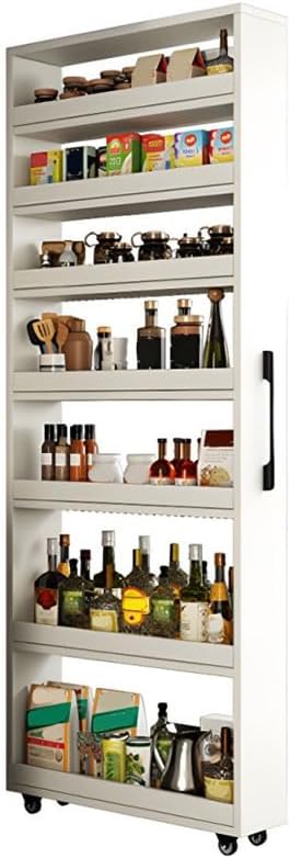 7 Tier Standing-Shelf with Wheels Wooden Narrow Buffet Server Storage Shelf Freestanding Shelves Units for Home Kitchen Bakers Closet Pantry -White 18' L x 8' W x 72' H