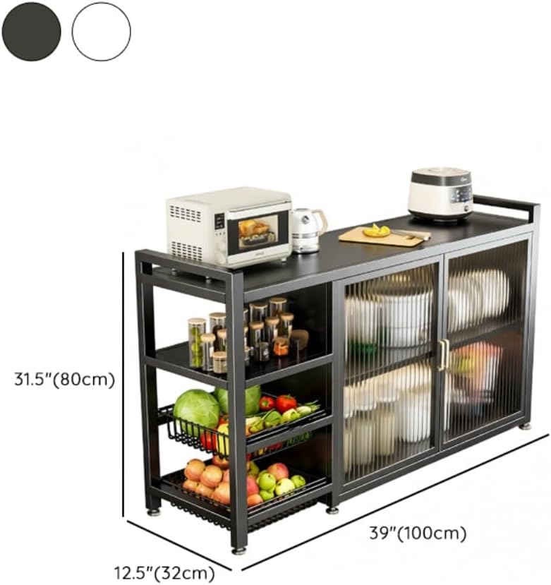 LITFAD Baker's Rack with Cabinets, 2 Baskets, Steel Frame, Modish Style Kitchen Storage Cabinet Freestanding Coffee Shelf Rack Organizer for Home Office, White 39' L x 12.5' W x 31.5' H