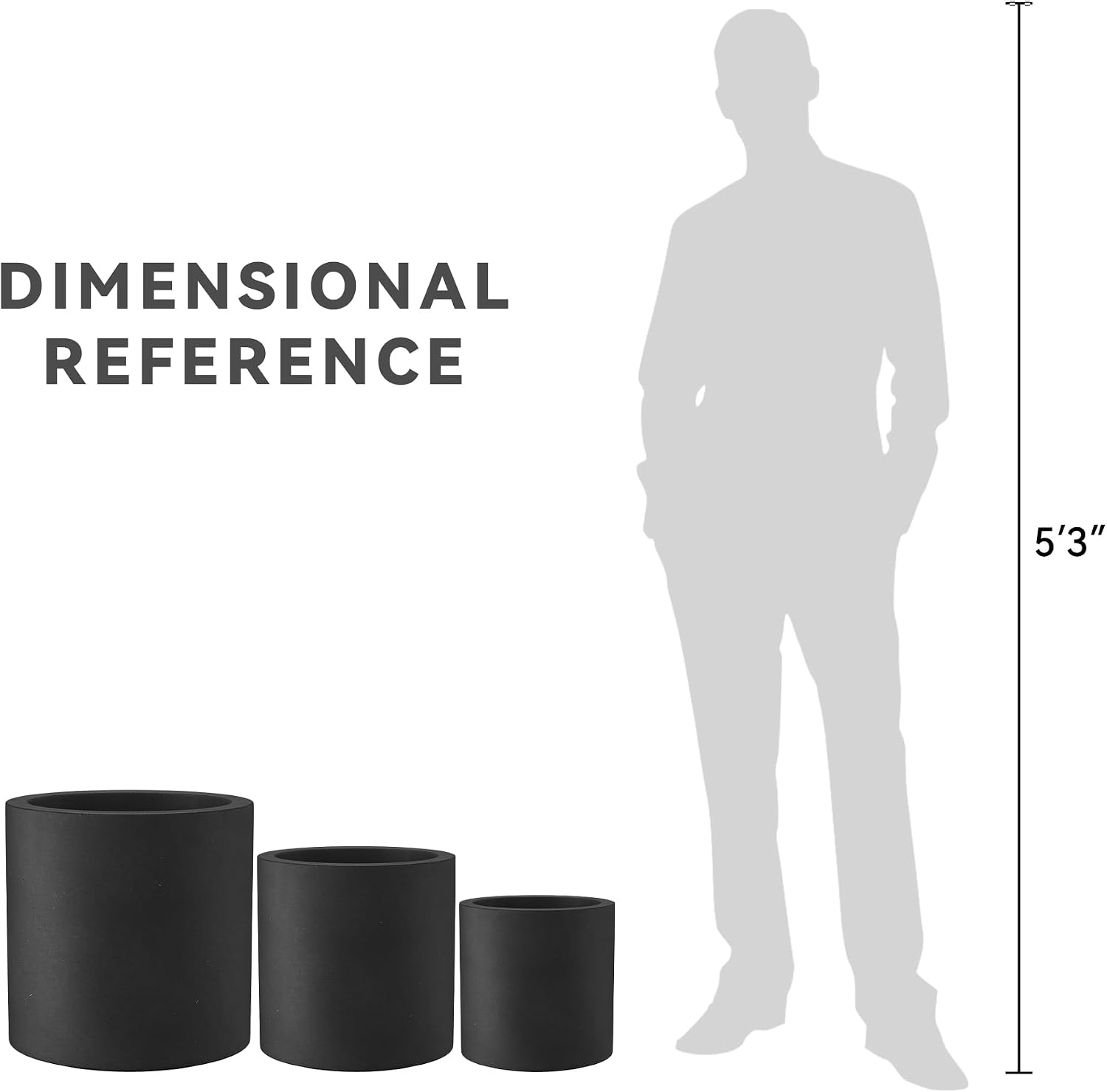 Kante Set of 3 Black Concrete Planters, Graduated Cylinders 9.8' to 15.7' Tall – Lightweight Round Pots with Drainage Hole & Rubber Plug, Modern Nesting Containers for Indoor Outdoor, Home Patio