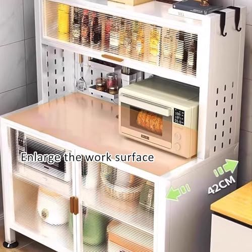 Rolling Kitchen Bakers Rack on Wheels, White Storage Sideboard with Clear Doors & Adjustable Shelves, Microwave Oven Shelf Cabinet for Home & Office, 74x27in