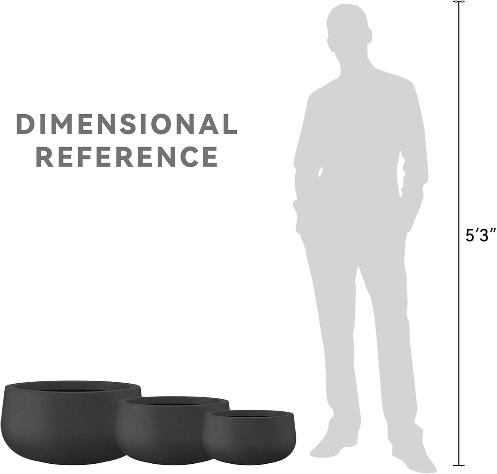 Kante 19.6',15.7',11.8' Dia Round Concrete Planters Set of 3, Outdoor Indoor Garden Plant Pots with Drainage Hole and Rubber Plug, Modern Curvaceous Design, Black