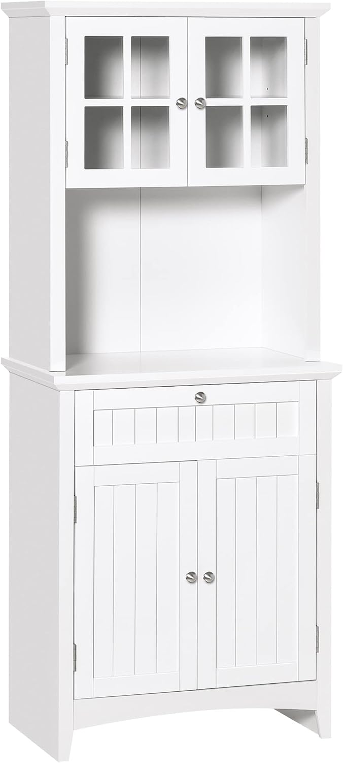 64' Anti-tip Freestanding Storage Cabinet, Kitchen Storage Bakers Rack with Adjustable Shelves, Utility Food Cupboard with Glass Door for Kitchen Dining Living Rooms, White
