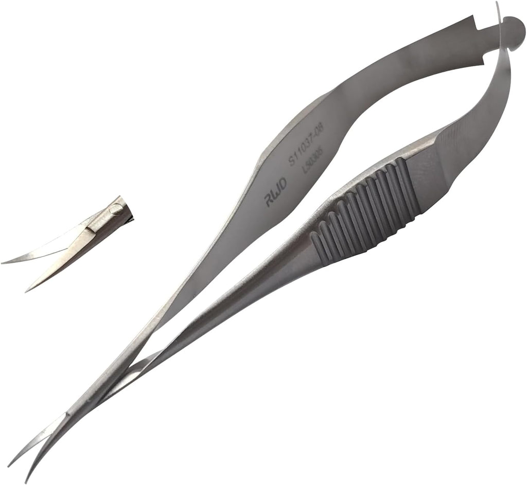 RWD VANNAS Micro Scissors, 3.2' Curved Fan Tip, Extra Sharp Spring Action Squeeze Scissors for Stitch Cutting, Embroidery, ENT, Eye, Skin, Dental, and Veterinary Surgery (8cm) - S11037-08