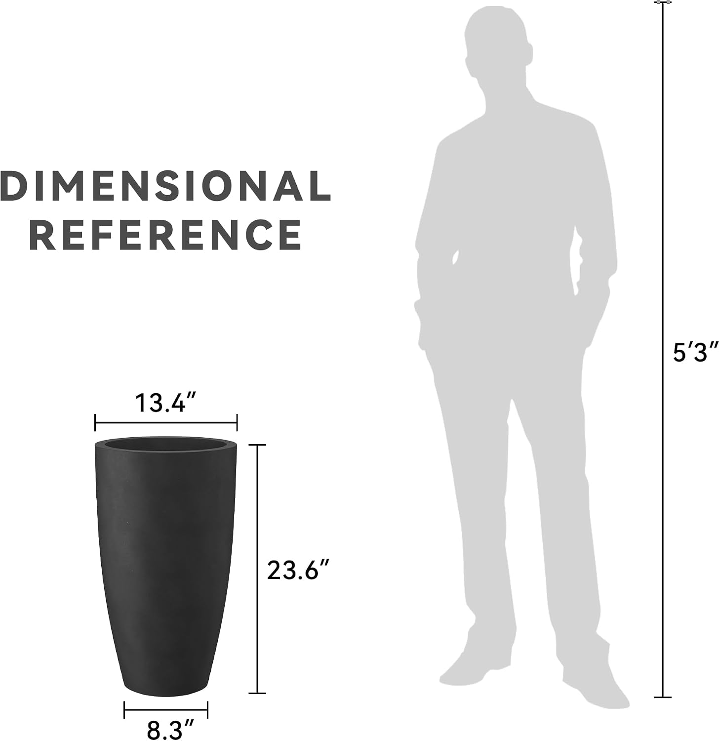 Kante 23.6' H Black Finish Concrete Tall Planters Large Outdoor Indoor Decorative Plant Pots with Drainage Hole and Rubber Plug, Modern Tapered Style for Home and Garden