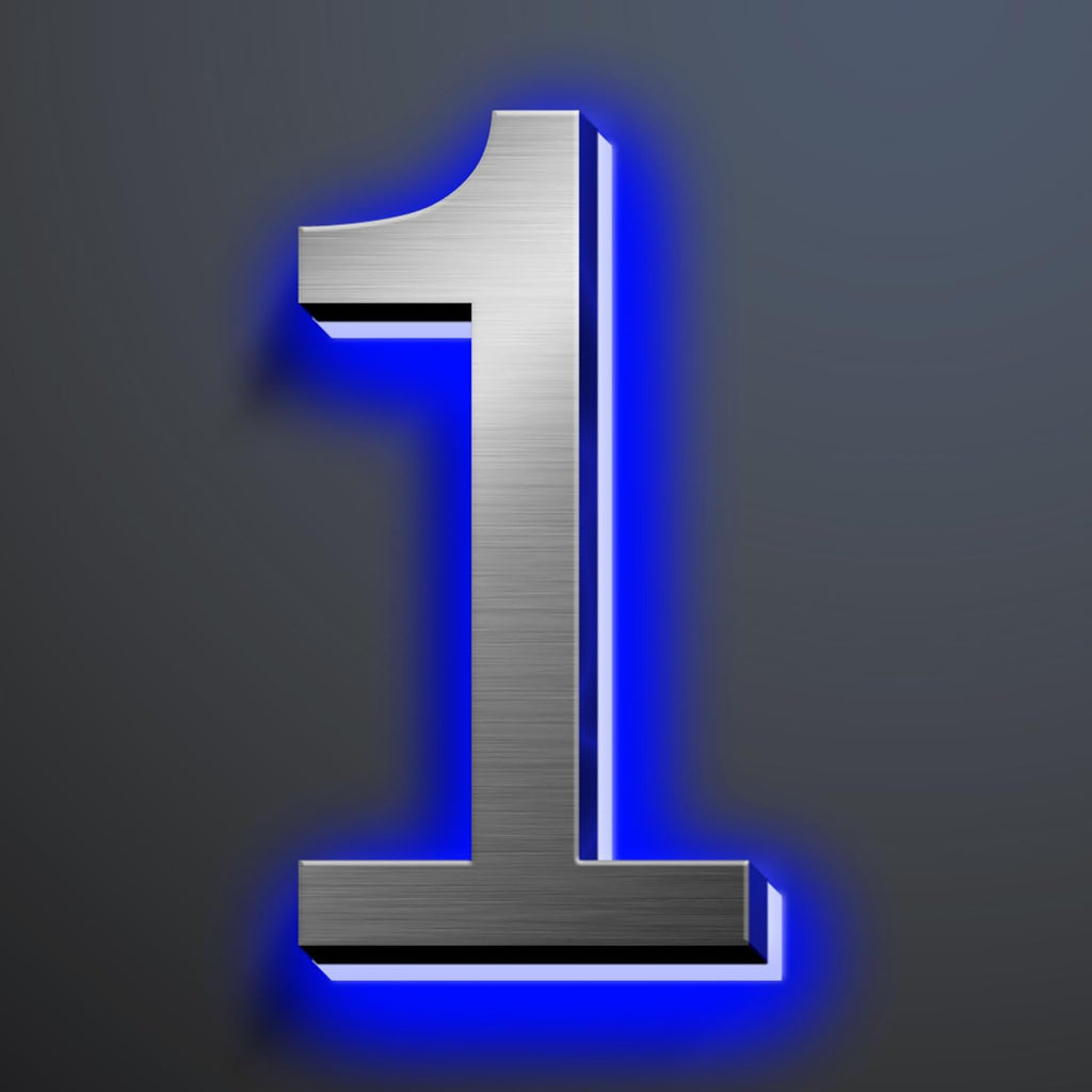 Illuminated House Numbers 18 Inch, Backlit Illuminated LED House Address Numbers For Outside, Modern Metal Lighted Address Numbers Signs, Brushed Silver, Blue Light,1