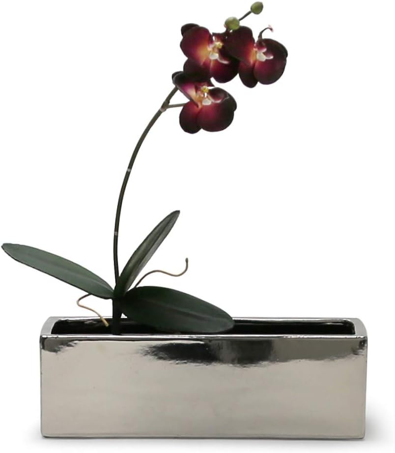 WGVI Long Rectangle Ceramic Planter Vase in Silver 12' x 4' x 4'H, Block Rectangular Terrarium Box Pot, Flower Arrangement, Table top Centerpiece, Home Decor Organization Storage Container, 6 Pcs.