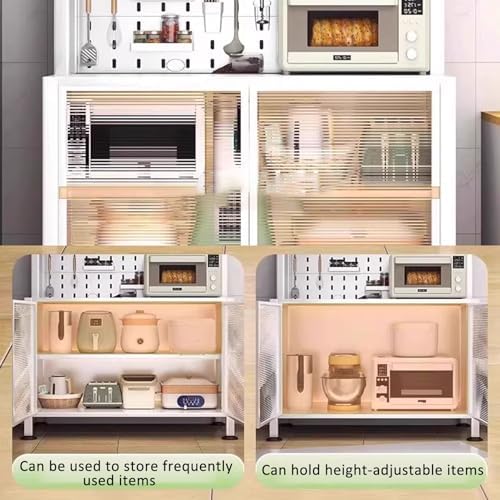 Rolling Kitchen Bakers Rack on Wheels, White Storage Sideboard with Clear Doors & Adjustable Shelves, Microwave Oven Shelf Cabinet for Home & Office, 74x27in