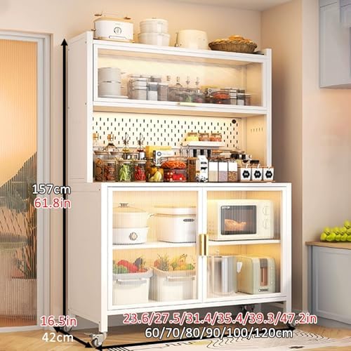 Rolling Kitchen Bakers Rack on Wheels, White Storage Sideboard with Clear Doors & Adjustable Shelves, Microwave Oven Shelf Cabinet for Home & Office, 74x27in