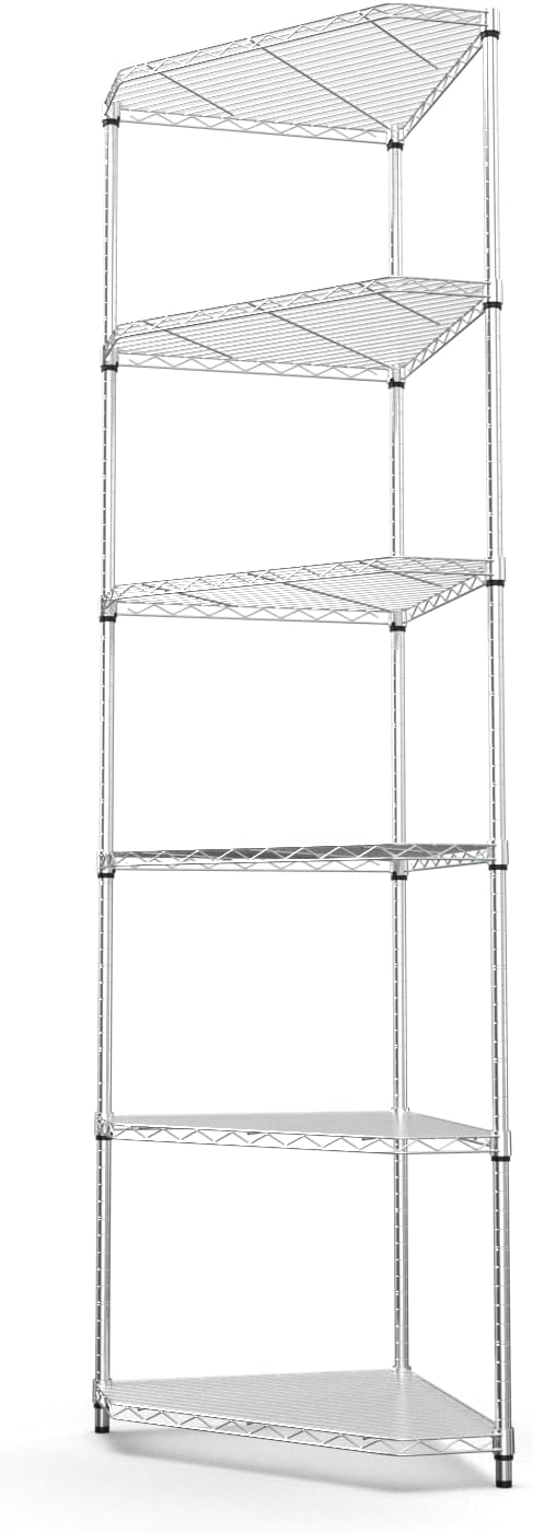 Wire Shelving Unit 6 Tier NSF Metal Corner Shelf , 600lbs Capacity Heavy Duty Adjustable Pentagonal Storage Rack with Shelf Liners for Kitchen Garage Office Room, 72'H x 20'L x 20'D - Chrome