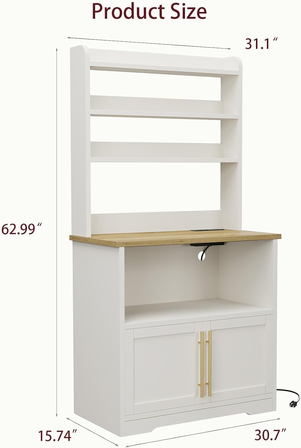 TrailBlaze Microwave Stand with Storage Cabinet, Bakers Rack with Power Outlet and Shelves, Farmhouse Floor Hutch Door Thickened Counter, Storage Shelf Coffee Bar for Kitchen, Dining Room, White