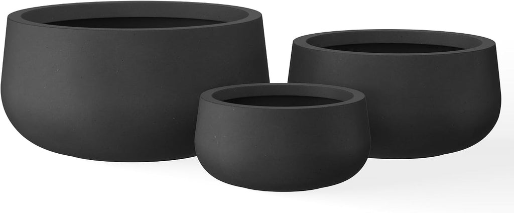 Kante 19.6',15.7',11.8' Dia Round Concrete Planters Set of 3, Outdoor Indoor Garden Plant Pots with Drainage Hole and Rubber Plug, Modern Curvaceous Design, Black