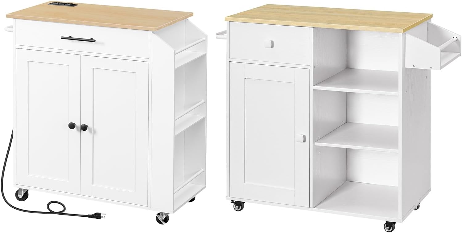 HOOBRO Kitchen Island with Power Outlet and Kitchen Island Bundle, Rolling Kitchen Cart on Wheels, for Home, Kitchen and Dining Room, White and Natural, WN82UZD01G1-WN12ZD01