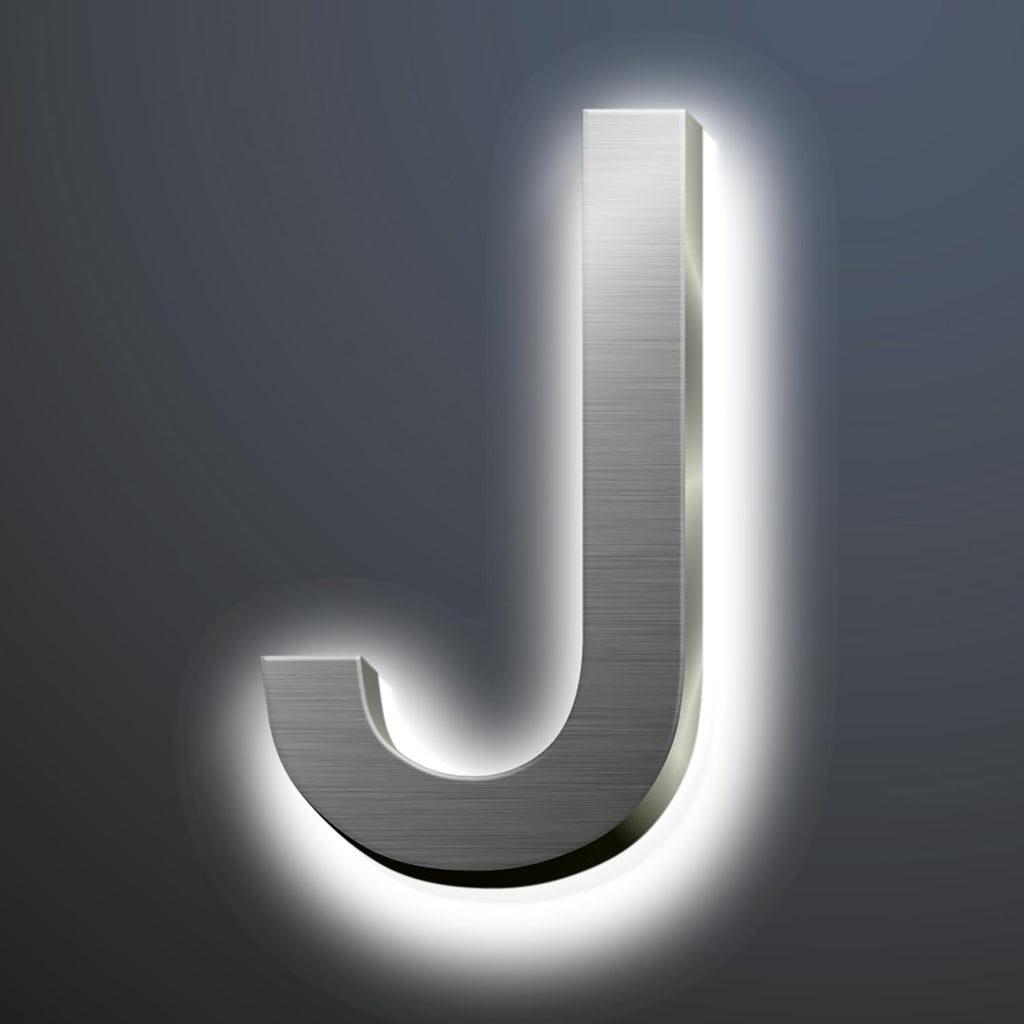 Backlit LED Illuminated Address Signs For Homes 16', Stainless Steel Hand-polished Address Numbers, Modern Large Lighted House Numbers, Brushed Silver, White Light,J