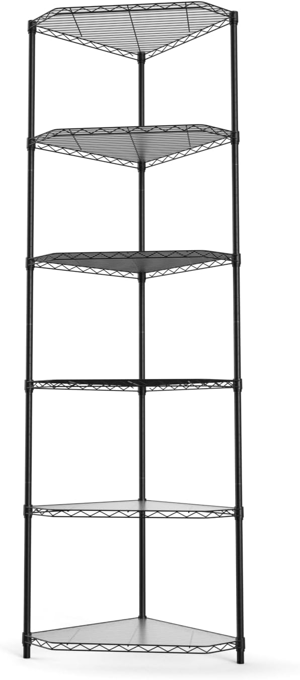 6 Tier NSF Metal Shelf Pentagonal Corner Wire Shelving Unit, 72'H x 20'L x 20'D - Black, 600lbs Capacity Heavy Duty Adjustable Storage Rack with Shelf Liners for Kitchen Garage Office Etc Room Corner