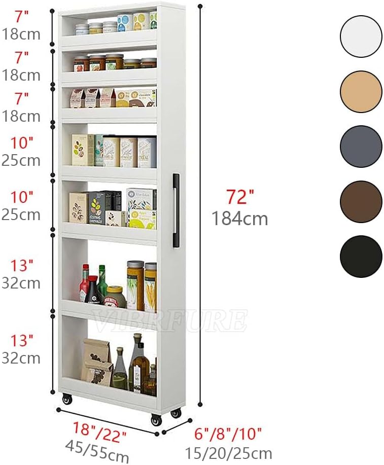 Slim Storage Cart with Wheels, Next to Fridge Storage Spice Rack, Kitchen Rolling Cart, Wood Storage Organizer for Kitchen, Bakers, Pantry, Dining Room (White,6' L x 18' W x 73' H)