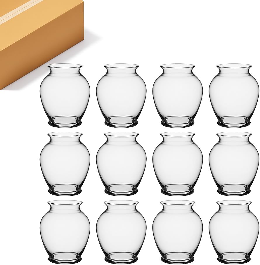 WGVI Clear 6.3' Inch Elegant Urn Ginger Jar Glass Vases for Floral Arrangement, Utility Flower Vase Bouquets, Home Décor Wedding Event Table Centerpieces, 12 Pieces