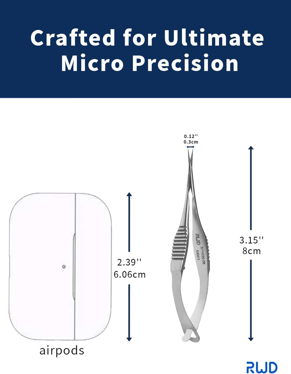 RWD VANNAS Micro Scissors, 3.2' Straight Fan Tip, Extra Sharp Spring Action Squeeze Scissors for Stitch Cutting, Embroidery, ENT, Eye, Skin, Dental, and Veterinary Surgery (8cm) - S11036-08