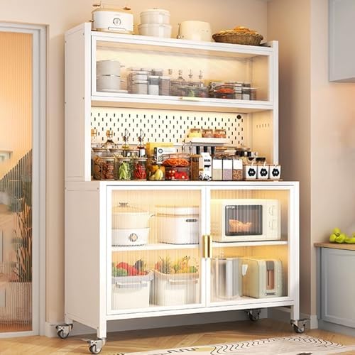 Rolling Kitchen Bakers Rack on Wheels, White Storage Sideboard with Clear Doors & Adjustable Shelves, Microwave Oven Shelf Cabinet for Home & Office, 74x27in