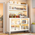 Rolling Kitchen Bakers Rack on Wheels, White Storage Sideboard Cabinet with Clear Doors & Adjustable Shelves, Microwave Oven Stand for Home & Office, 74x27in
