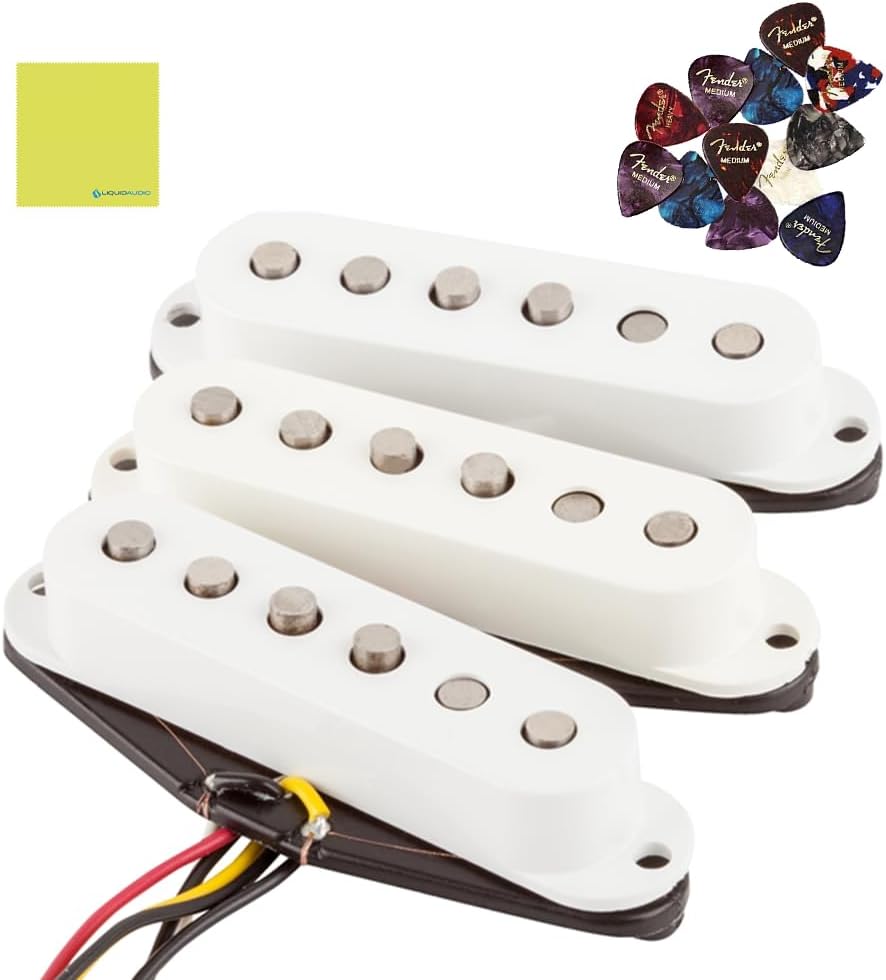 Fender TexMex Strat Pickup Set (White) Bundle with 12x Fender Guitar Picks and Liquid Audio Instrument Polishing Cloth - Fender Stratocaster Pickups