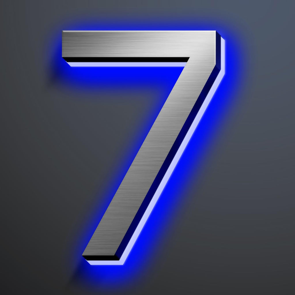 Illuminated House Numbers 18 Inch, Backlit Illuminated LED House Address Numbers For Outside, Modern Metal Lighted Address Numbers Signs, Brushed Silver, Blue Light,7