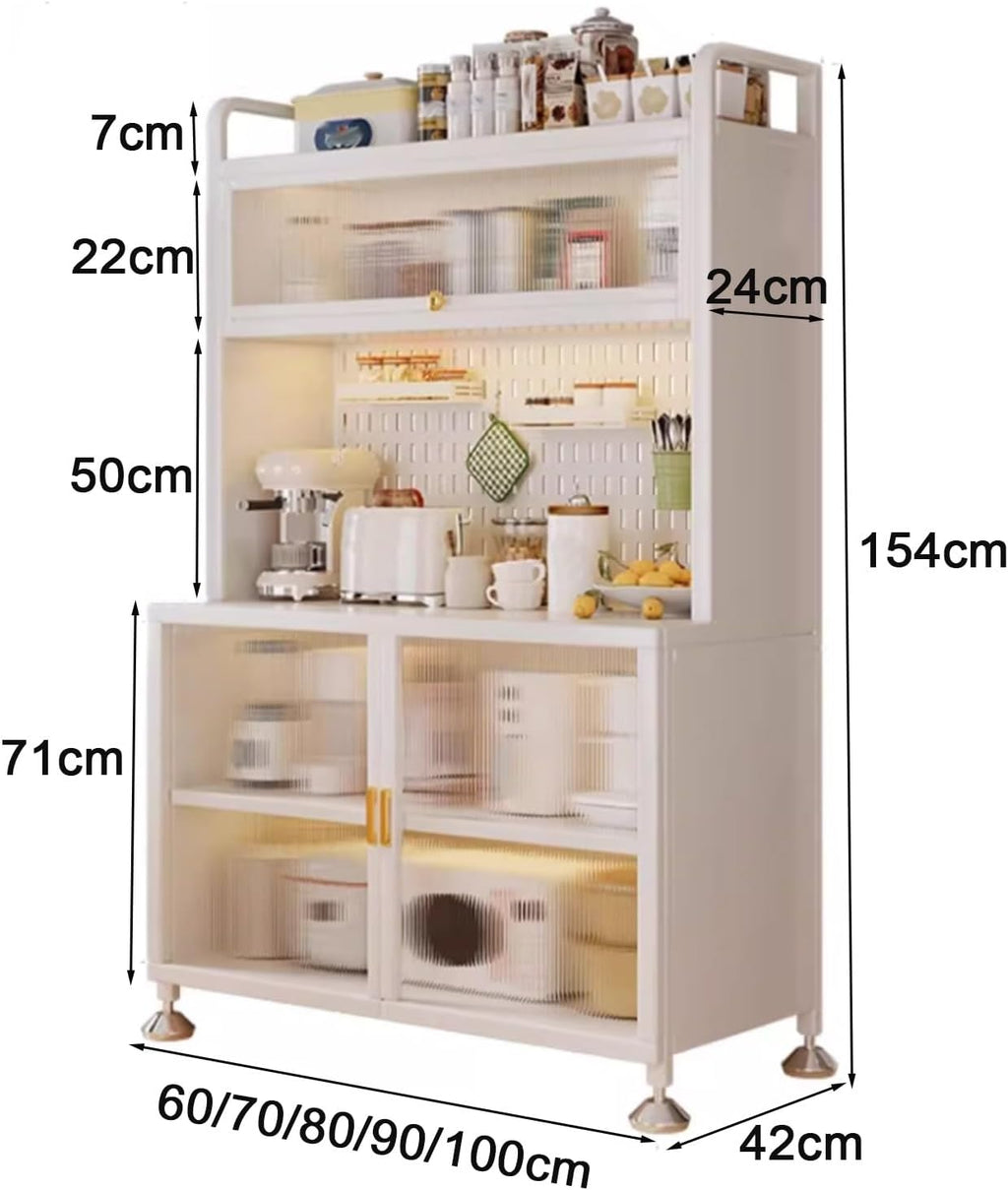 Microwave Stand, White Bakers Rack with Storage, Kitchen Hutch Pantry with See-Through Door Panels for Living Room, Study, Office
