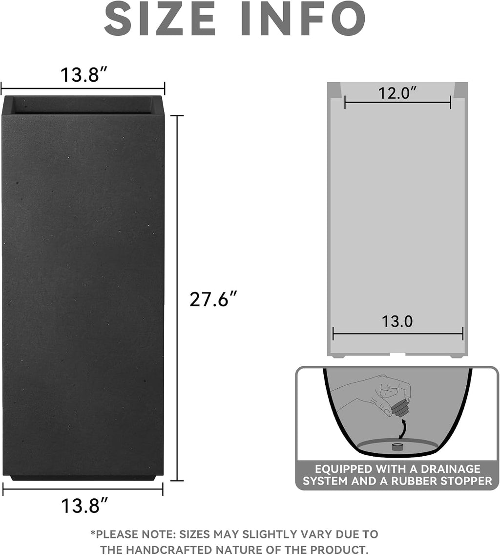 Kante 27.6' H Tall Rectangular Concrete Planter, Modern Square Diameter Plant Pot with Drainage Hole and Rubber Plug for Indoor Outdoor Home Patio Garden, Black