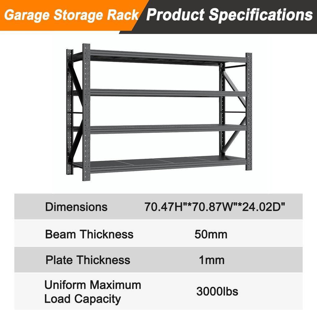 Garage Shelving 70.87' Wide Heavy Duty Storage Shelves Units and Storage,Metal Shelving Adjustable Shelves,Steel Garage Storage Rack,Industrial Utility Shelf Organization for Kitchen,Pantry