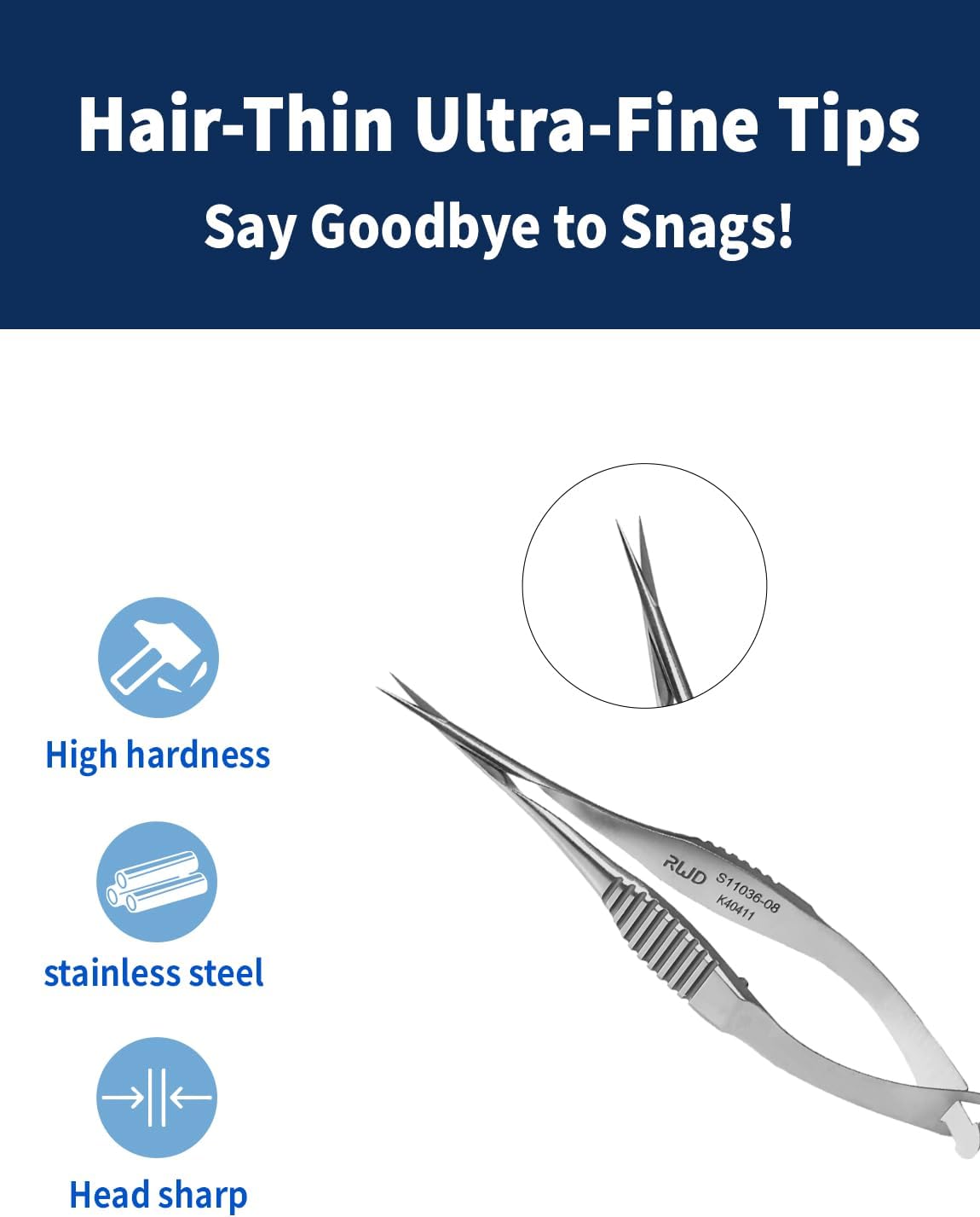 RWD VANNAS Micro Scissors, 3.2' Straight Fan Tip, Extra Sharp Spring Action Squeeze Scissors for Stitch Cutting, Embroidery, ENT, Eye, Skin, Dental, and Veterinary Surgery (8cm) - S11036-08