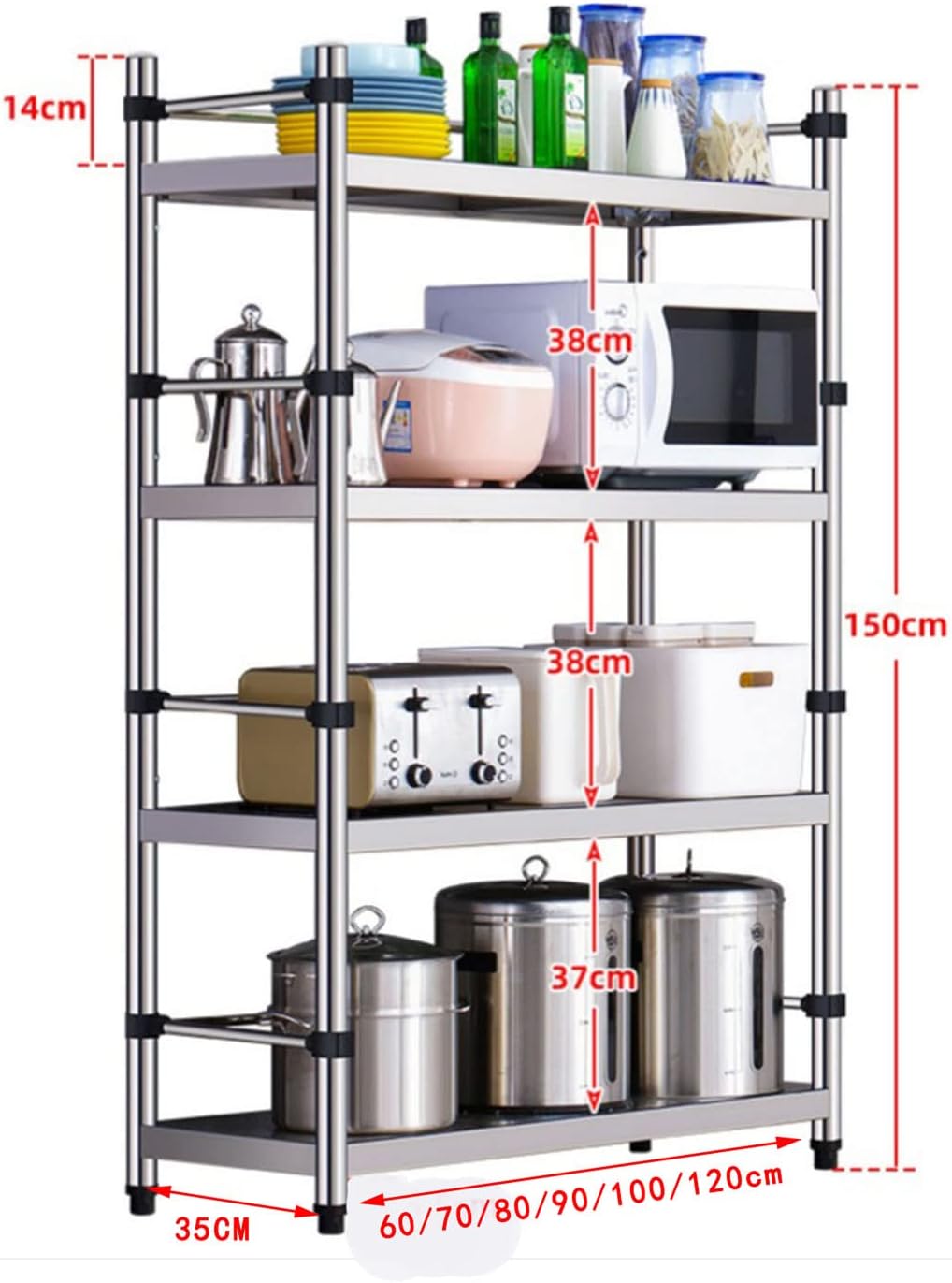 Microwave Shelf, Microwave Stand Baker's Rack with Hooks and Metal Frame 4-Tier Multi-Functional Storage Shelves,100cm