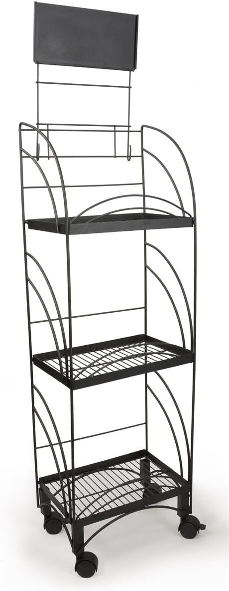 14.5' w Wire Shelving Unit with Locking Wheels, 3 Display Levels, Retail Store Fixture Includes Removable Sign Holder (Black)