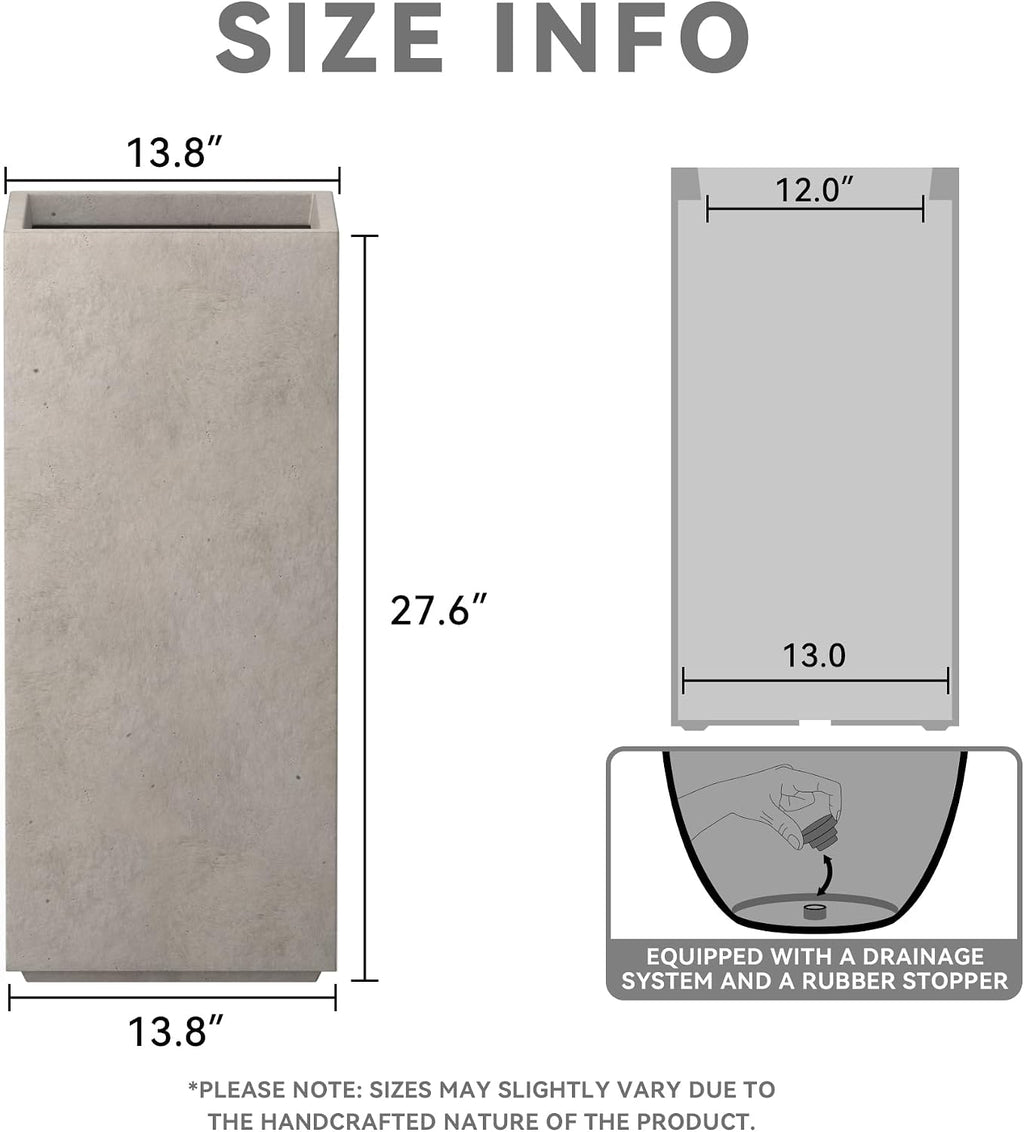 Kante 27.6' H Tall Rectangular Concrete Planter, Modern Square Diameter Plant Pot with Drainage Hole and Rubber Plug for Indoor Outdoor Home Patio Garden, Weathered Concrete
