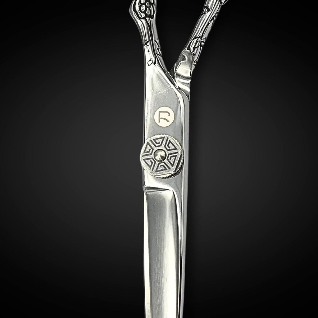 Saki Shears 6 Inch Set of Hair Cutting and Thinning Scissors With Flower Design on Handle and Finger Holes - 440C Stainless Steel - Professional Hair Cutting Set (Silver)