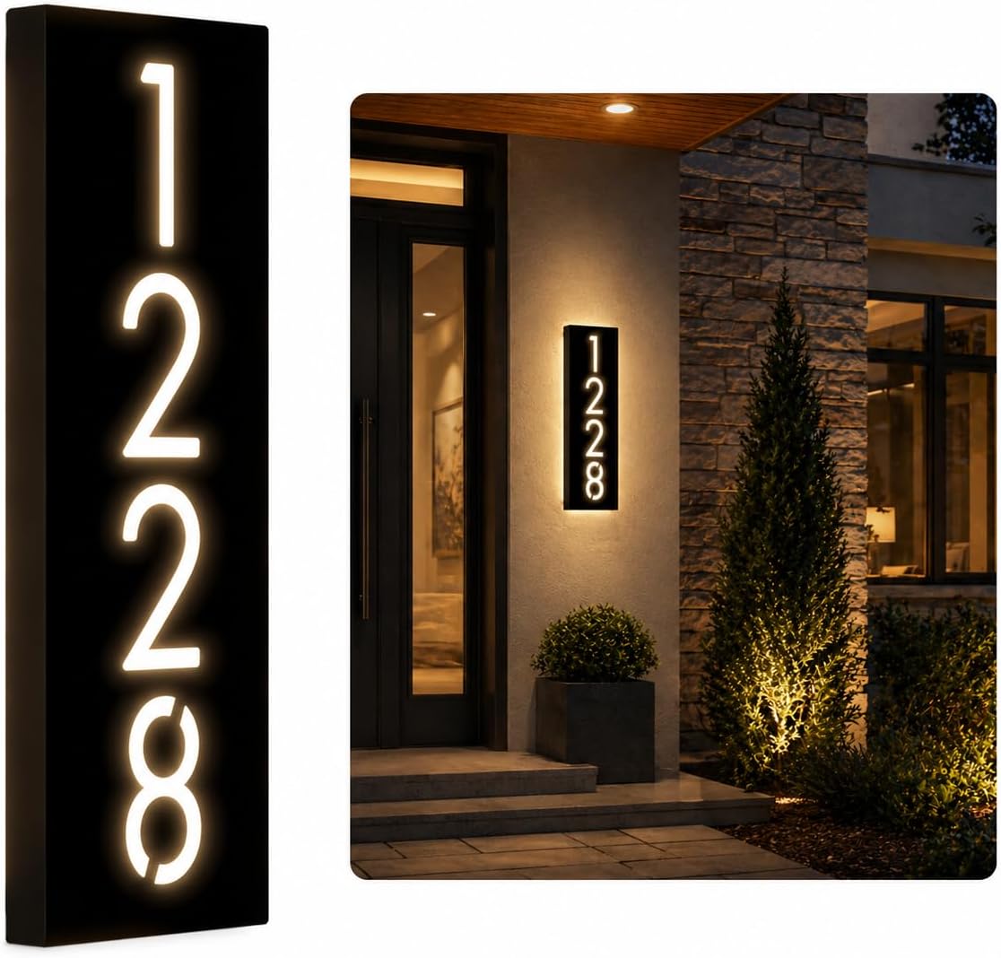 Customizable 12V LED Lighted Address Plaque, Backlit House Number Sign with 304 Stainless Steel Exterior (Only warm light)