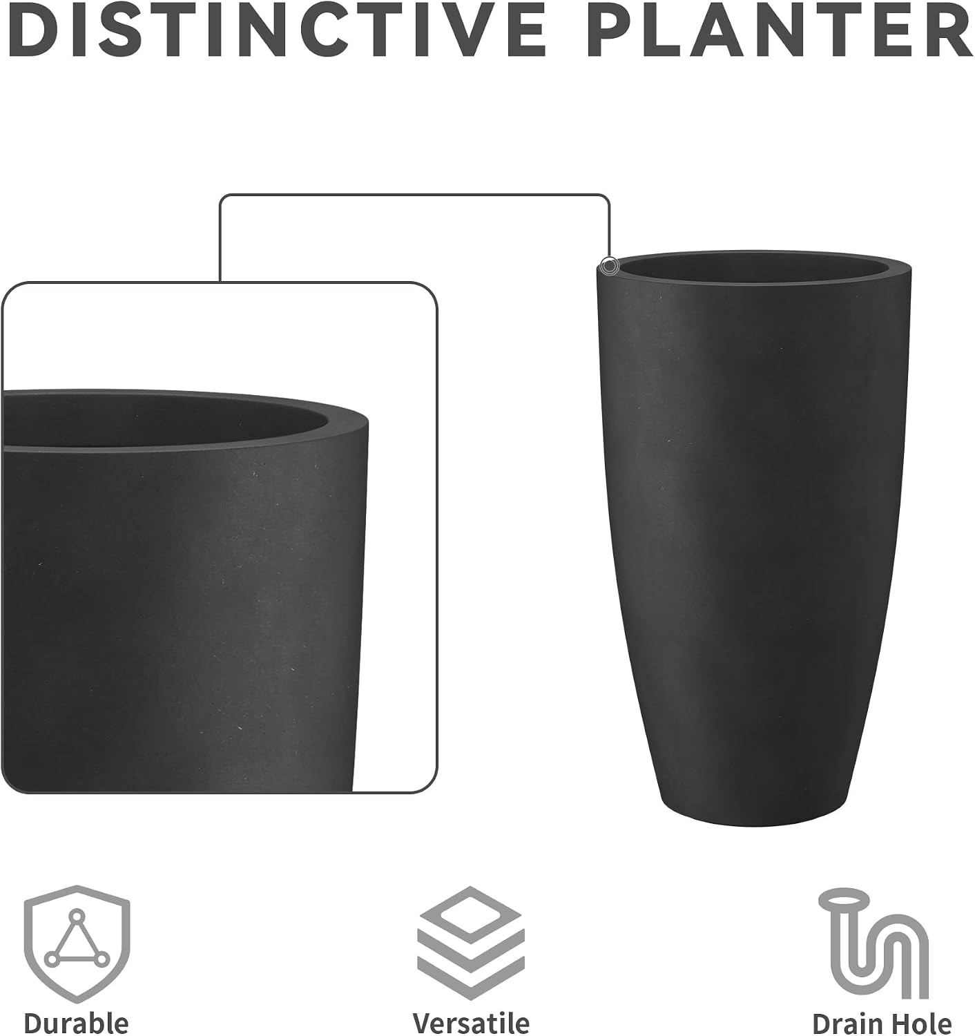 Kante 23.6' H Charcoal Black Tall Planters Two Pack, Large Outdoor Indoor Garden Plant Pots with Drainage Hole and Rubber Plug, Modern Decor for Home and Garden