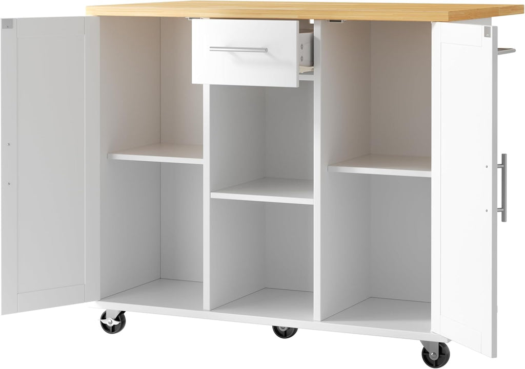 JY QAQA 42' Rolling Kitchen Island Cart with Storage, Drop Leaf Countertop, Drawers & Towel Rack, Mobile Kitchen Table on Wheels for Kitchen Dining Room, White