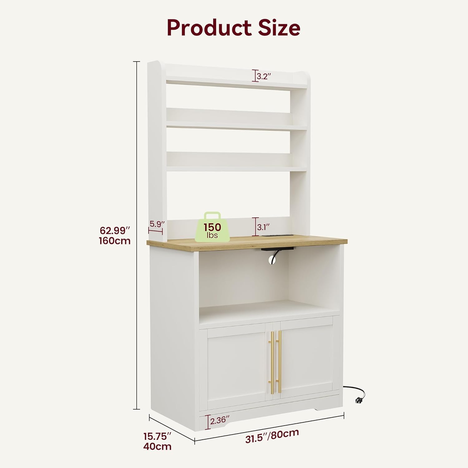 TrailBlaze Farmhouse Bakers Rack – Storage Cabinet & Thick Tabletop – Coffee Bar & Microwave Stand – Power Outlets & USB – Color: White Wood, US Standard Power
