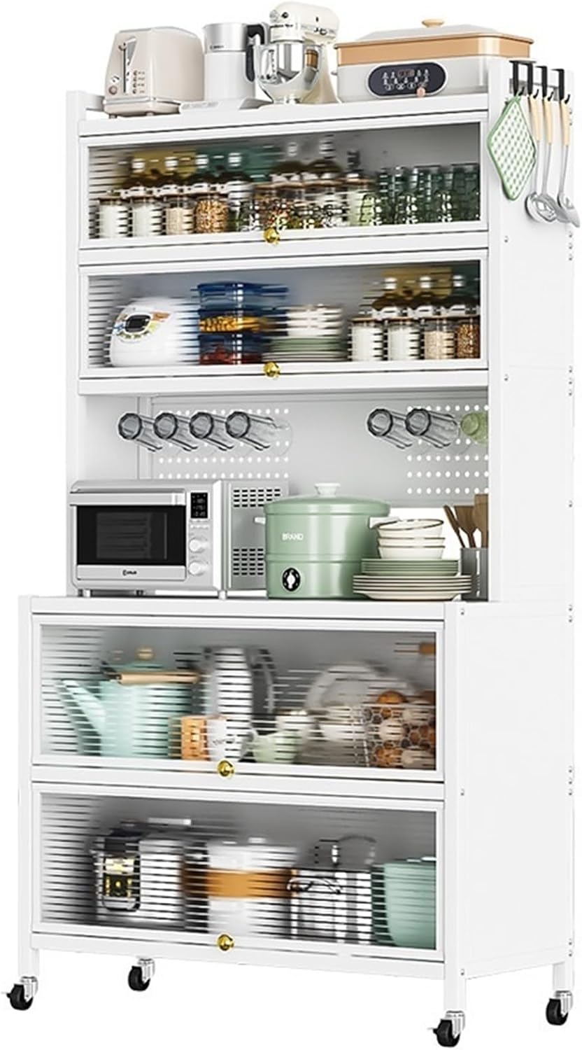 5/6 Tier Microwave Stand with Storage Bakers Rack with Drawers Coffee Pub Station Organizer with Flip Doors Vintage Kitchen Utility Storage Shelf,Living Room