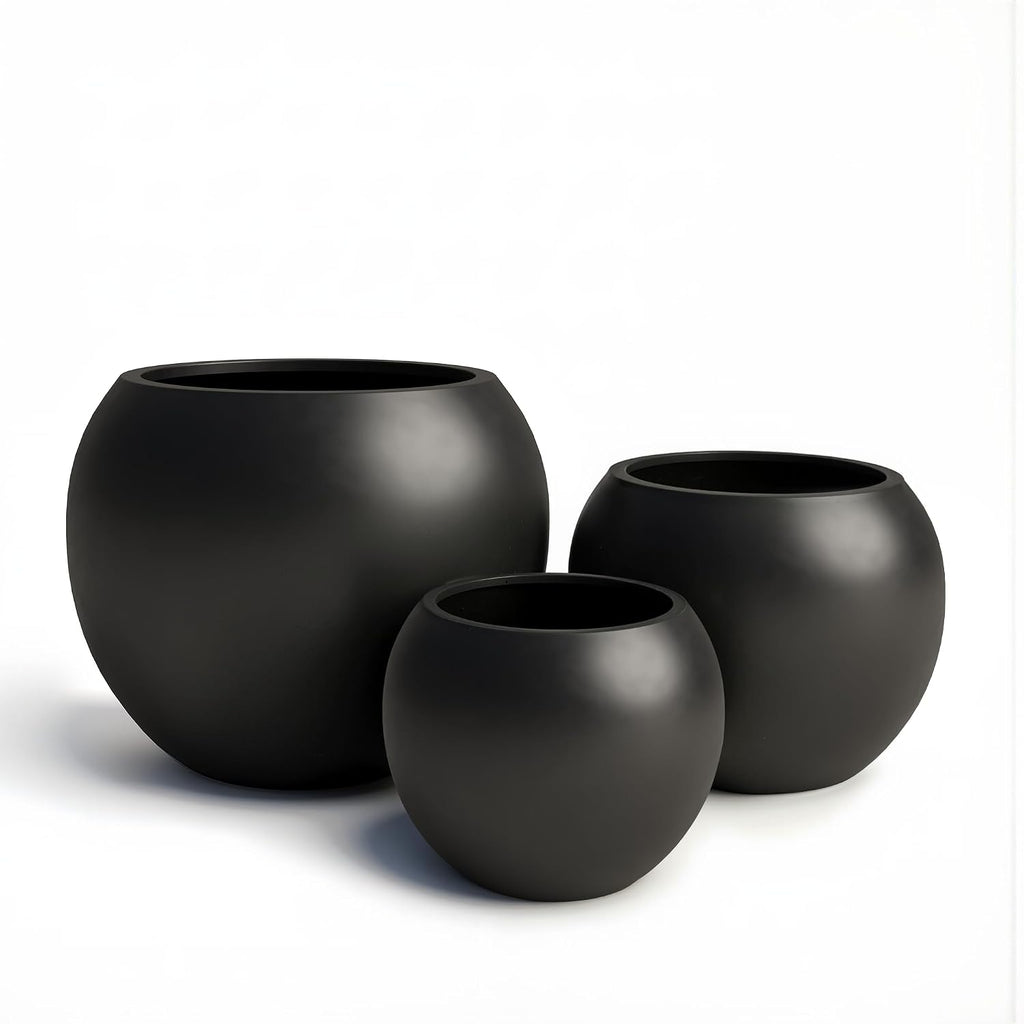 DTY Premium Mt Sherman Fiberstone Sphere Planter for Indoor Outdoor Use, Round Pot for Olive Tree, Lightweight, Smooth Finishes. 2 Extra Coco Mats. Black, Large 21.1'' D x 16.7'' H. 14.6' Pot Opening