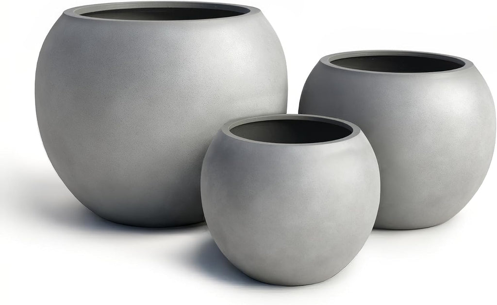 DTY Premium Mt Sherman Fiberstone Sphere Planter for Indoor Outdoor Use, Round Pot for Olive Tree, Lightweight, Smooth Finishes. 2 Extra Coco Mats. Gray, Large 21.1'' D x 16.7'' H. 14.6' Pot Opening