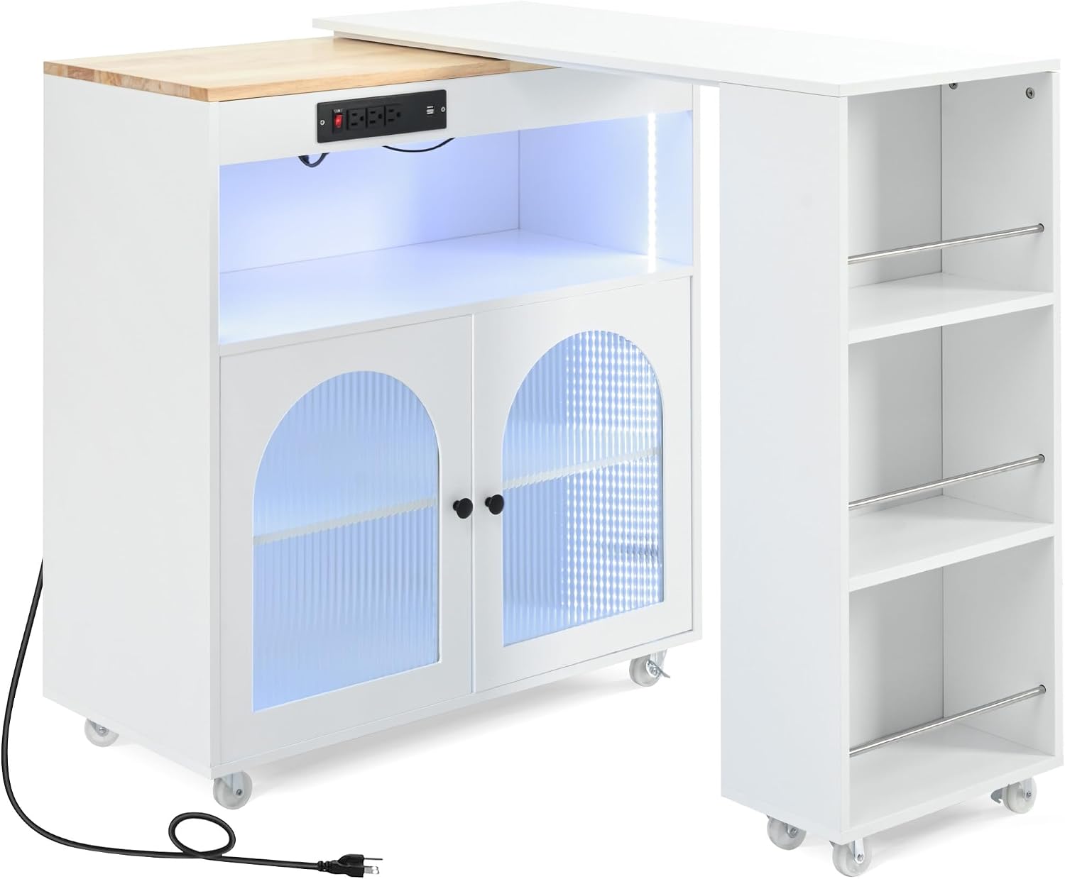 Merax Kitchen Island with Extended Table, Rolling Kitchen Islands Cart with LED Lights, Power Outlets, 2 Fluted Glass Doors, Storage Compartment, and Side 3 Open Shelves (White)